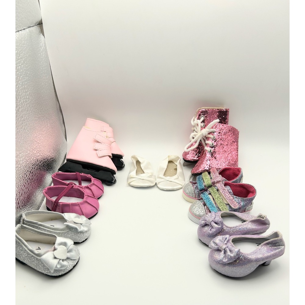 18 Inch Doll Shoe Lot 7 Pairs Ice Skates Roller Skates Sneakers Flats Glitter